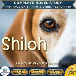 Cover art for Shiloh complete novel study unit featuring a close-up photograph of a beagle dog's face, with badges for 140+ page unit, print and digital, and zero prep.