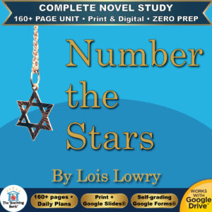 Cover art for Number the Stars complete novel study unit featuring a gold Star of David pendant necklace on a blue background, with badges for 160+ page unit, print and digital, and zero prep.