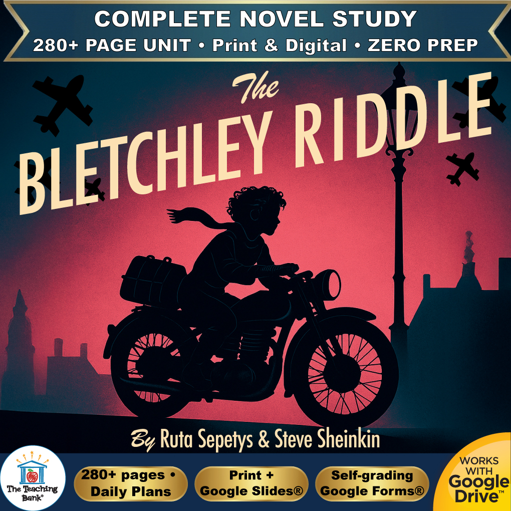 Product cover graphic reading The Bletchley Riddle by Ruta Sepetys & Steve Sheinkin, featuring a silhouette of a person riding a motorcycle against a dusk skyline with airplanes overhead, with badges for 280+ page unit, print and digital, zero prep, and Works with Google Drive.