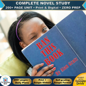 Product cover graphic reading Ban This Book by Alan Gratz, featuring a young girl peeking from behind a blue book cover, with badges for 200+ page unit, print and digital, zero prep, and Works with Google Drive.