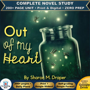 Product cover graphic reading Out of My Heart by Sharon M. Draper, featuring glowing fireflies in a glass jar, with badges for 200+ page unit, print and digital, zero prep, and Works with Google Drive.