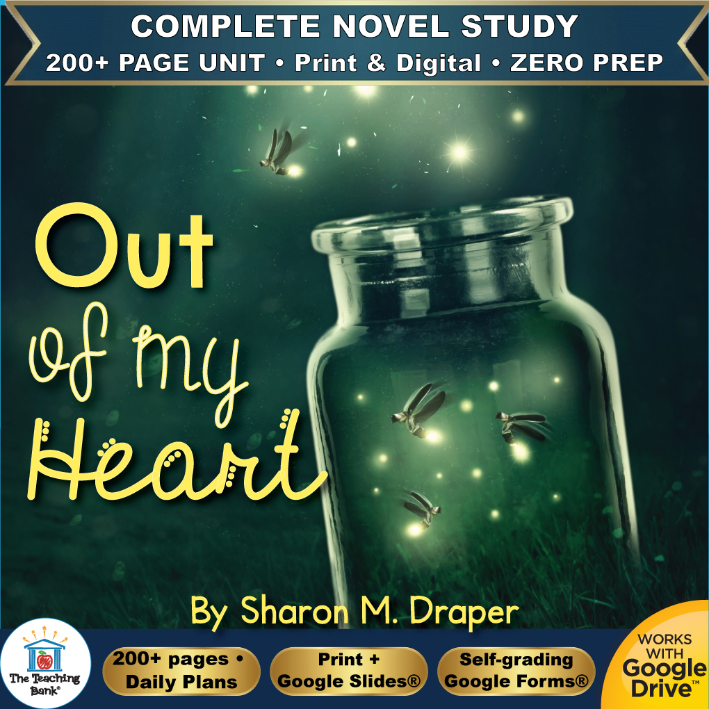 Product cover graphic reading Out of My Heart by Sharon M. Draper, featuring glowing fireflies in a glass jar, with badges for 200+ page unit, print and digital, zero prep, and Works with Google Drive.