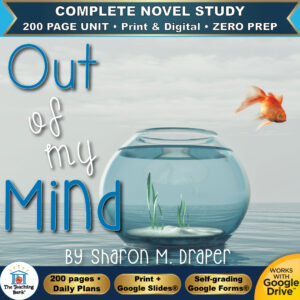 Product cover graphic reading Out of My Mind by Sharon M. Draper, featuring a goldfish leaping out of a glass bowl over water, with badges for 200 page unit, print and digital, zero prep, and Works with Google Drive.
