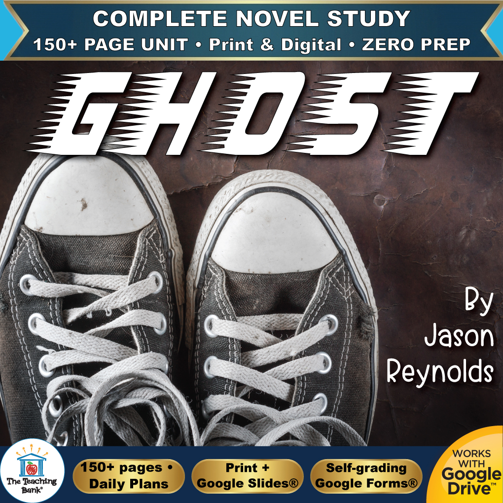 Product cover graphic reading Ghost by Jason Reynolds, featuring a pair of worn black sneakers on a dark textured background, with badges for 150+ page unit, print and digital, zero prep, and Works with Google Drive.