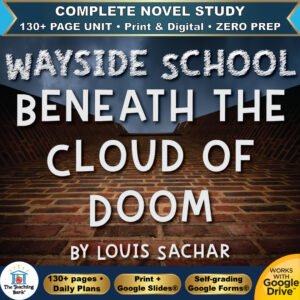 Product cover graphic reading Wayside School Beneath the Cloud of Doom by Louis Sachar, featuring a red brick wall looking up toward a cloudy sky, with badges for 130+ page unit, print and digital, zero prep, and Works with Google Drive.