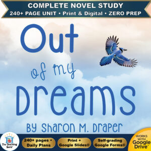 Product cover graphic reading Out of My Dreams by Sharon M. Draper, featuring a blue jay in flight against a cloudy blue sky, with badges for 240+ page unit, print and digital, zero prep, and Works with Google Drive.