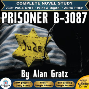 Product cover graphic reading Prisoner B-3087 by Alan Gratz, featuring striped uniform fabric with a yellow Star of David labeled Jude next to barbed wire, with badges for 230+ page unit, print and digital, zero prep, and Works with Google Drive.