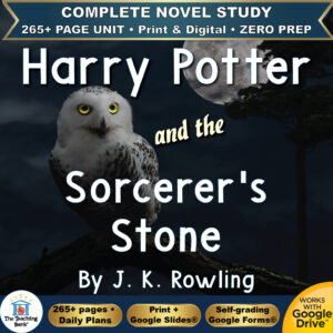 Product cover graphic reading Harry Potter and the Sorcerer's Stone by J. K. Rowling, featuring a snowy owl perched on a branch at night under a full moon, with badges for 265+ page unit, print and digital, zero prep, and Works with Google Drive.