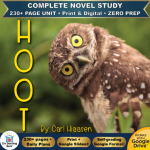 Product cover graphic reading HOOT By Carl Hiaasen, featuring a burrowing owl leaning sideways in grass, with badges for 230+ page unit, print and digital, zero prep, and Works with Google Drive.