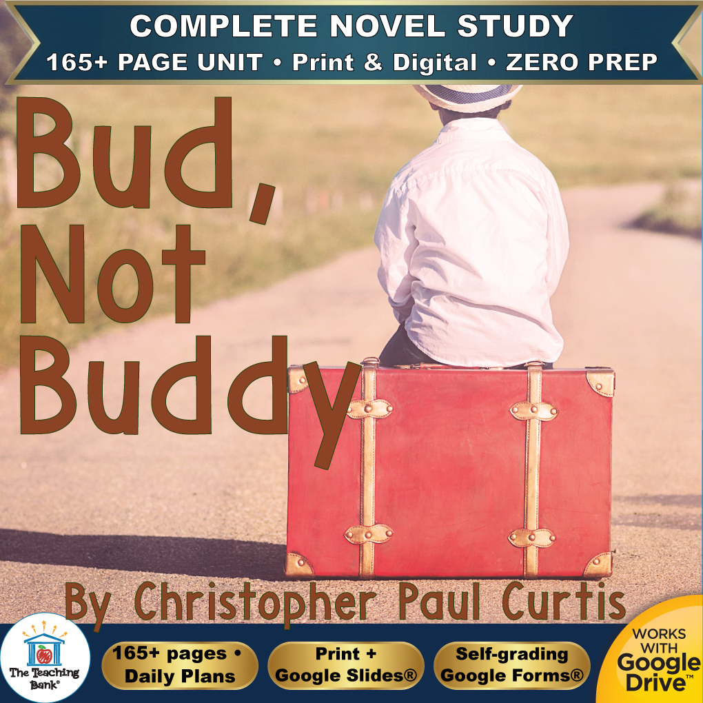 Product cover graphic reading Bud, Not Buddy By Christopher Paul Curtis, featuring a young boy wearing a fedora sitting on a red vintage suitcase on a dirt road, with badges for 165+ page unit, print and digital, zero prep, and Works with Google Drive.