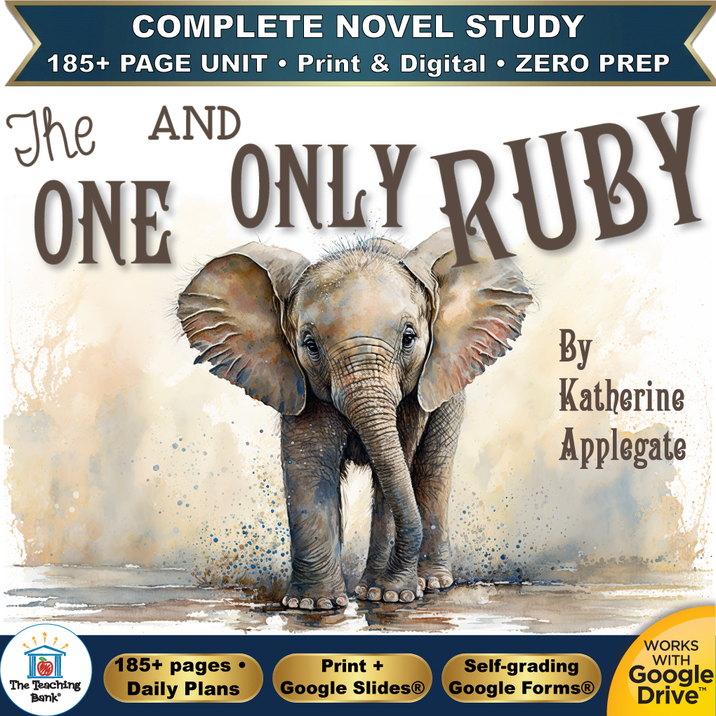 Product cover graphic reading The One and Only Ruby By Katherine Applegate, featuring a watercolor illustration of a baby elephant standing in shallow water, with badges for 185+ page unit, print and digital, zero prep, and Works with Google Drive.