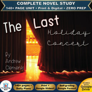 Product cover graphic reading The Last Holiday Concert By Andrew Clements, featuring dark red stage curtains parted to show an illuminated auditorium seating area, with badges for 140+ page unit, print and digital, zero prep, and Works with Google Drive.
