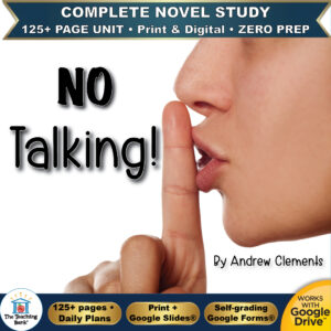 Product cover graphic reading No Talking! By Andrew Clements, featuring a close-up of a person holding an index finger up to their lips in a quiet shushing motion, with badges for 125+ page unit, print and digital, zero prep, and Works with Google Drive.