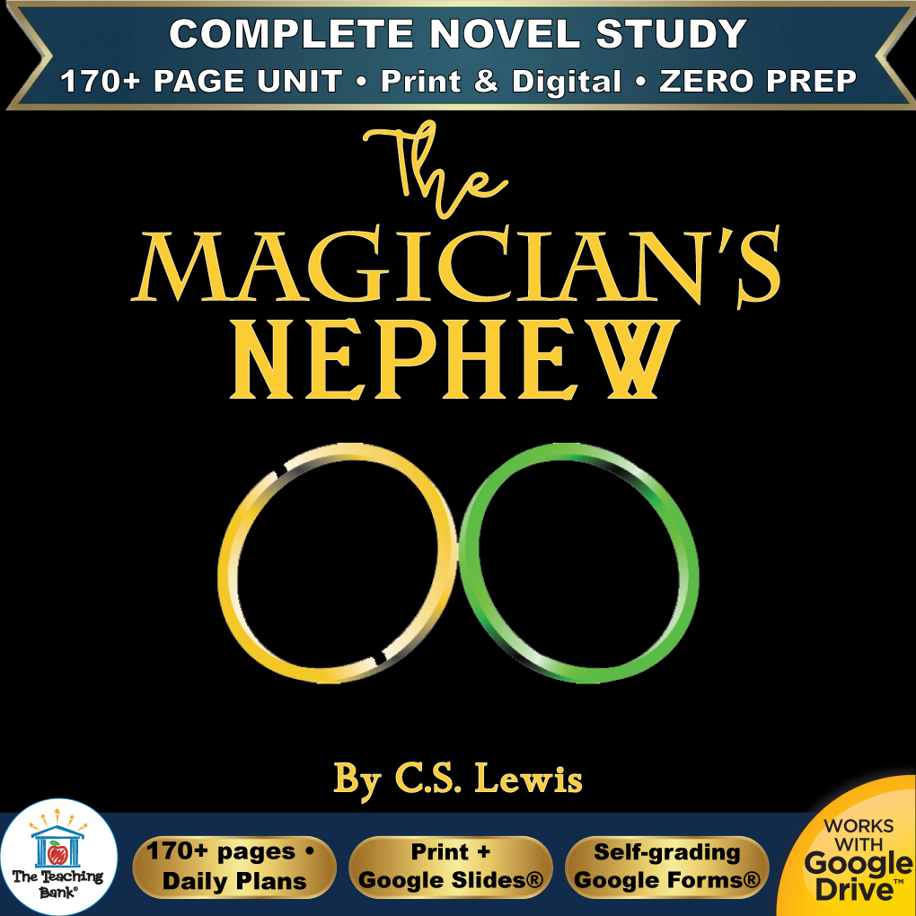 Product cover graphic reading The Magician's Nephew By C.S. Lewis, featuring interlocking yellow and green magic rings on a black background, with badges for 170+ page unit, print and digital, zero prep, and Works with Google Drive.