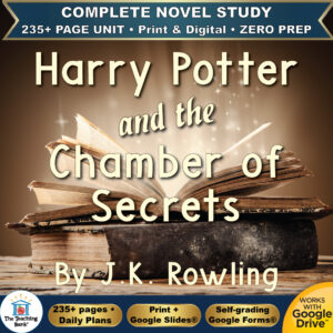 Product cover graphic reading Harry Potter and the Chamber of Secrets By J.K. Rowling, featuring an open vintage book glowing with magical sparkles on a dark background, with badges for 235+ page unit, print and digital, zero prep, and Works with Google Drive.