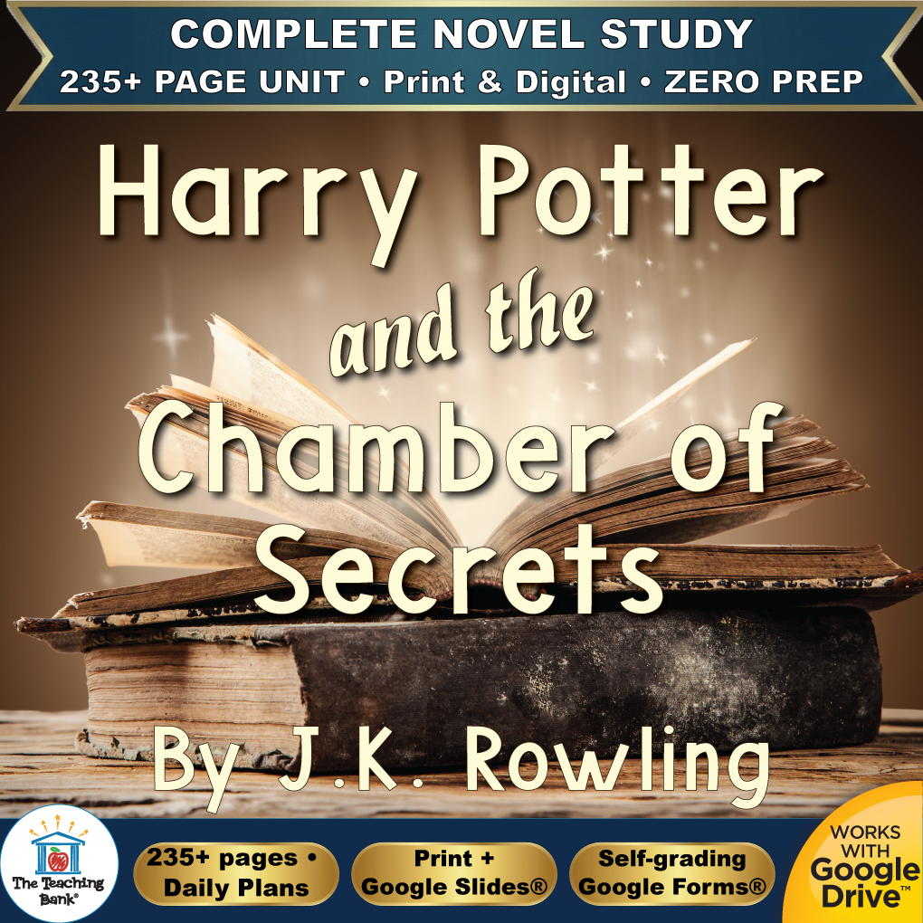 Product cover graphic reading Harry Potter and the Chamber of Secrets By J.K. Rowling, featuring an open vintage book glowing with magical sparkles on a dark background, with badges for 235+ page unit, print and digital, zero prep, and Works with Google Drive.