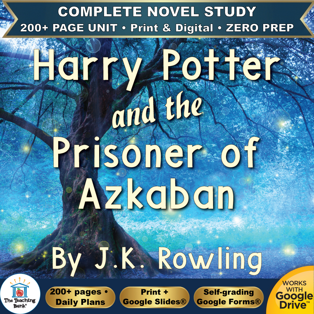 Product cover graphic reading Harry Potter and the Prisoner of Azkaban By J.K. Rowling, featuring a mystical blue forest with glowing light orbs, with badges for 200+ page unit, print and digital, zero prep, and Works with Google Drive.