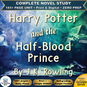 Product cover graphic reading Harry Potter and the Half-Blood Prince By J.K. Rowling, featuring a dark potion lab background with swirling green smoke, with badges for 185+ page unit, print and digital, zero prep, and Works with Google Drive.