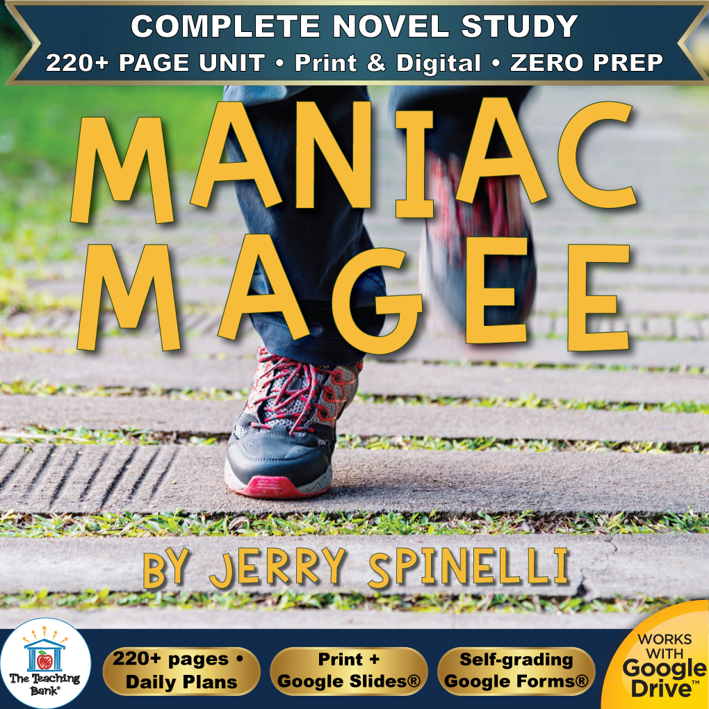 Product cover graphic reading MANIAC MAGEE BY JERRY SPINELLI, featuring a close-up of a child running on a paved path, with badges for 220+ page unit, print and digital, zero prep, and Works with Google Drive.