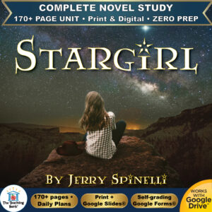 Product cover graphic reading STARGIRL BY JERRY SPINELLI, featuring a young girl sitting on a rock hill looking up at a starry night sky, with badges for 170+ page unit, print and digital, zero prep, and Works with Google Drive.