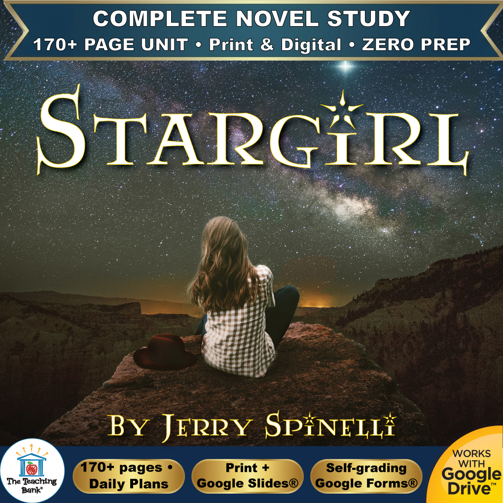 Product cover graphic reading STARGIRL BY JERRY SPINELLI, featuring a young girl sitting on a rock hill looking up at a starry night sky, with badges for 170+ page unit, print and digital, zero prep, and Works with Google Drive.