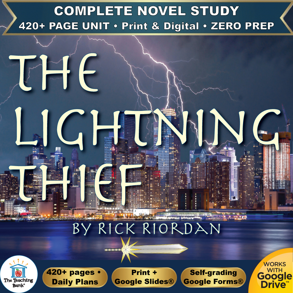 Product cover graphic reading THE LIGHTNING THIEF BY RICK RIORDAN, featuring a city skyline under a stormy night sky with lightning strikes and a glowing sword icon, with badges for 420+ page unit, print and digital, zero prep, and Works with Google Drive.