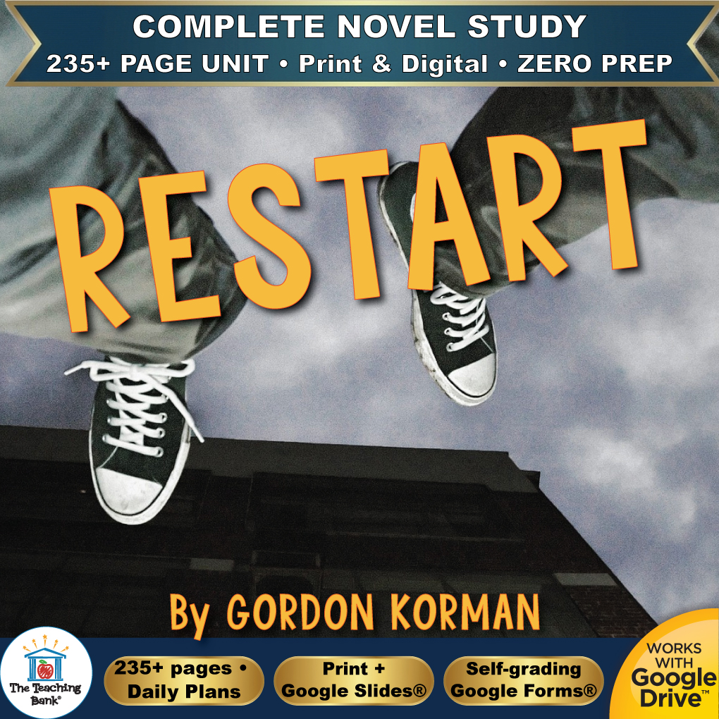 Product cover graphic reading RESTART By GORDON KORMAN, featuring a person wearing sneakers falling backwards off a roof, with badges for 235+ page unit, print and digital, zero prep, and Works with Google Drive.