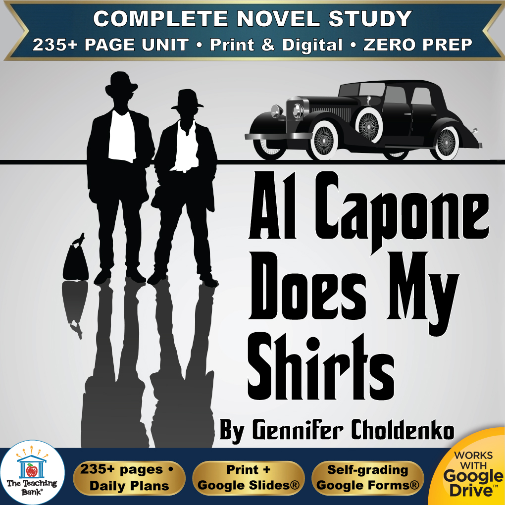 Product cover graphic reading Al Capone Does My Shirts By Gennifer Choldenko, featuring silhouettes of two men in fedoras standing beside a 1930s vintage car, with badges for 235+ page unit, print and digital, zero prep, and Works with Google Drive.