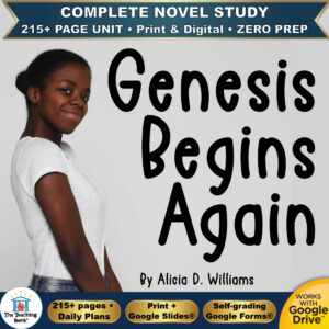 Product cover graphic reading Genesis Begins Again By Alicia D. Williams, featuring a young Black girl smiling on a light gray background, with badges for 215+ page unit, print and digital, zero prep, and Works with Google Drive.