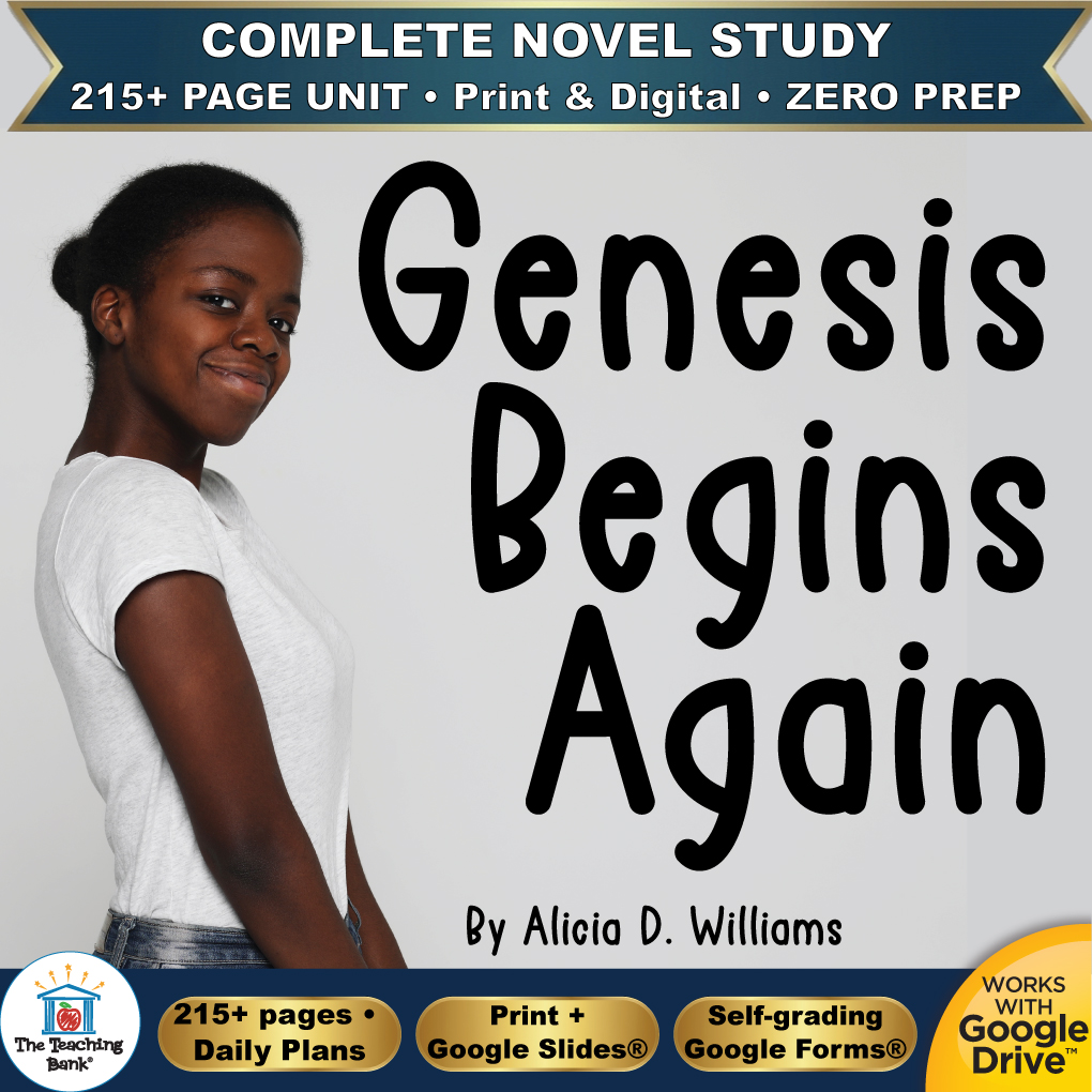 Product cover graphic reading Genesis Begins Again By Alicia D. Williams, featuring a young Black girl smiling on a light gray background, with badges for 215+ page unit, print and digital, zero prep, and Works with Google Drive.