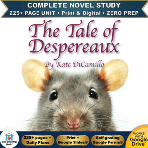 Product cover graphic reading The Tale of Despereaux By Kate DiCamillo, featuring a close-up photo of a small mouse with large round ears, with badges for 225+ page unit, print and digital, zero prep, and Works with Google Drive.