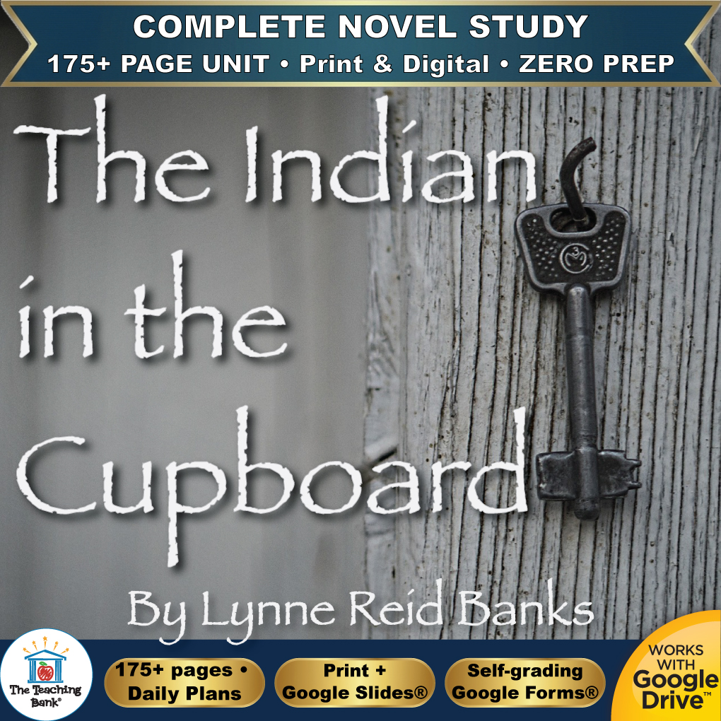 Product cover graphic reading The Indian in the Cupboard By Lynne Reid Banks, featuring an antique key hanging on weathered gray wooden panels, with badges for 175+ page unit, print and digital, zero prep, and Works with Google Drive.
