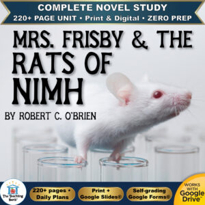 Product cover graphic reading MRS. FRISBY & THE RATS OF NIMH BY ROBERT C. O'BRIEN, featuring a white lab mouse standing among glass beakers, with badges for 220+ page unit, print and digital, zero prep, and Works with Google Drive.