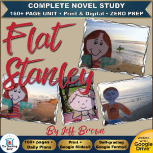 Product cover graphic reading Flat Stanley By Jeff Brown, featuring paper cutouts of characters placed in outdoor travel photos, with badges for 160+ page unit, print and digital, zero prep, and Works with Google Drive.