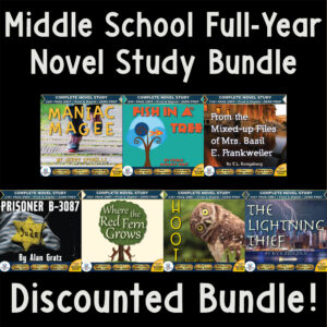 Product cover graphic reading Middle School Full-Year Novel Study Bundle Discounted Bundle!, displaying cover thumbnails for Maniac Magee, Fish in a Tree, From the Mixed-Up Files of Mrs. Basil E. Frankweiler, Prisoner B-3087, Where the Red Fern Grows, Hoot, and The Lightning Thief.