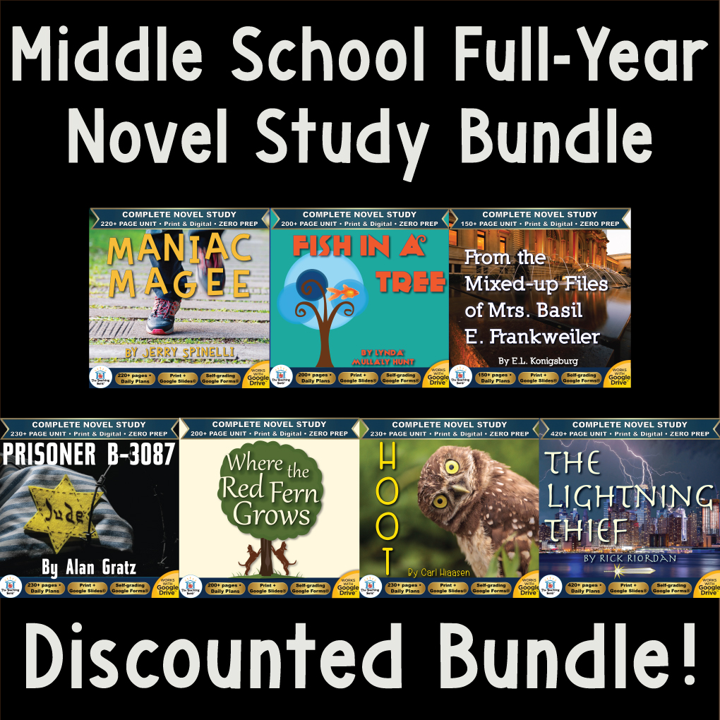 Product cover graphic reading Middle School Full-Year Novel Study Bundle Discounted Bundle!, displaying cover thumbnails for Maniac Magee, Fish in a Tree, From the Mixed-Up Files of Mrs. Basil E. Frankweiler, Prisoner B-3087, Where the Red Fern Grows, Hoot, and The Lightning Thief.
