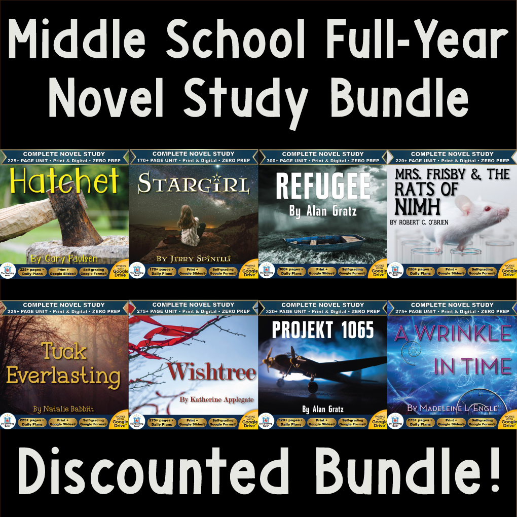 Product cover graphic reading Middle School Full-Year Novel Study Bundle Discounted Bundle!, displaying cover thumbnails for Hatchet, Stargirl, Refugee, Mrs. Frisby & The Rats of NIMH, Tuck Everlasting, Wishtree, Projekt 1065, and A Wrinkle in Time.