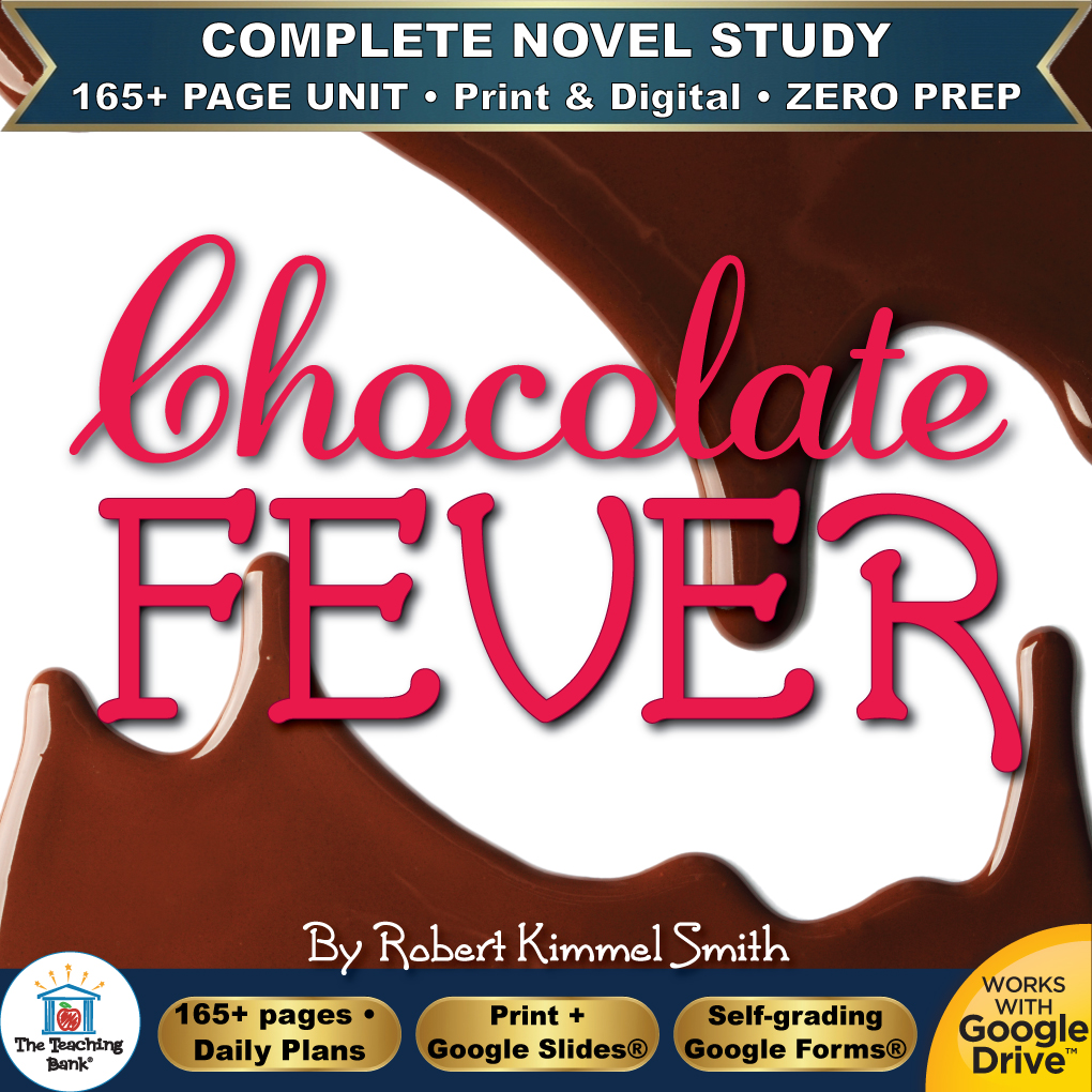 Product cover graphic reading Chocolate Fever By Robert Kimmel Smith, featuring rich liquid chocolate dripping over a white background, with badges for 165+ page unit, print and digital, zero prep, and Works with Google Drive.