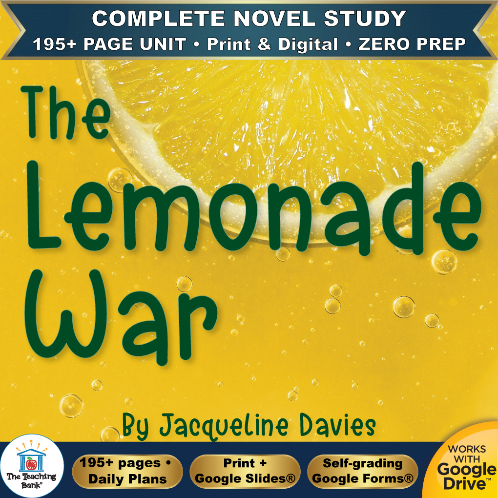 Product cover graphic reading The Lemonade War By Jacqueline Davies, featuring a fresh lemon slice background with water droplets, with badges for 195+ page unit, print and digital, zero prep, and Works with Google Drive.