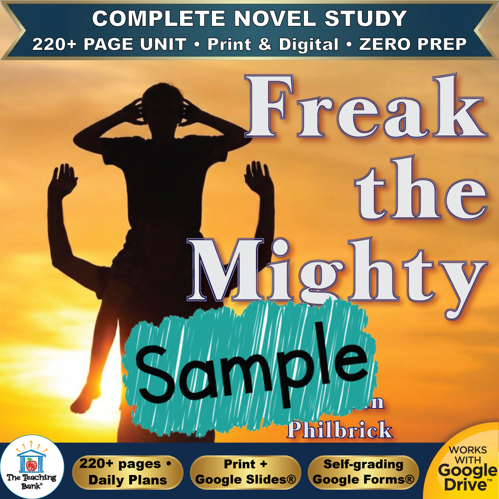 Product cover graphic reading Freak the Mighty By Rodman Philbrick with a teal Sample badge overlay, featuring a silhouette of a boy riding on another boy's shoulders at sunset, with badges for 220+ page unit, print and digital, zero prep, and Works with Google Drive.