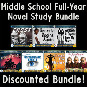 Product cover graphic reading Middle School Full-Year Novel Study Bundle Discounted Bundle, displaying novel covers for Ghost, Genesis Begins Again, Al Capone Does My Shirts, The Bletchley Riddle, A Series of Unfortunate Events: The Bad Beginning, Freak the Mighty, and One Crazy Summer.