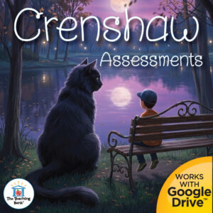 Product cover graphic reading Crenshaw Assessments, featuring a large black cat sitting beside a boy sitting on a wooden bench looking out over a moonlit lake, with a Works with Google Drive badge and The Teaching Bank logo.