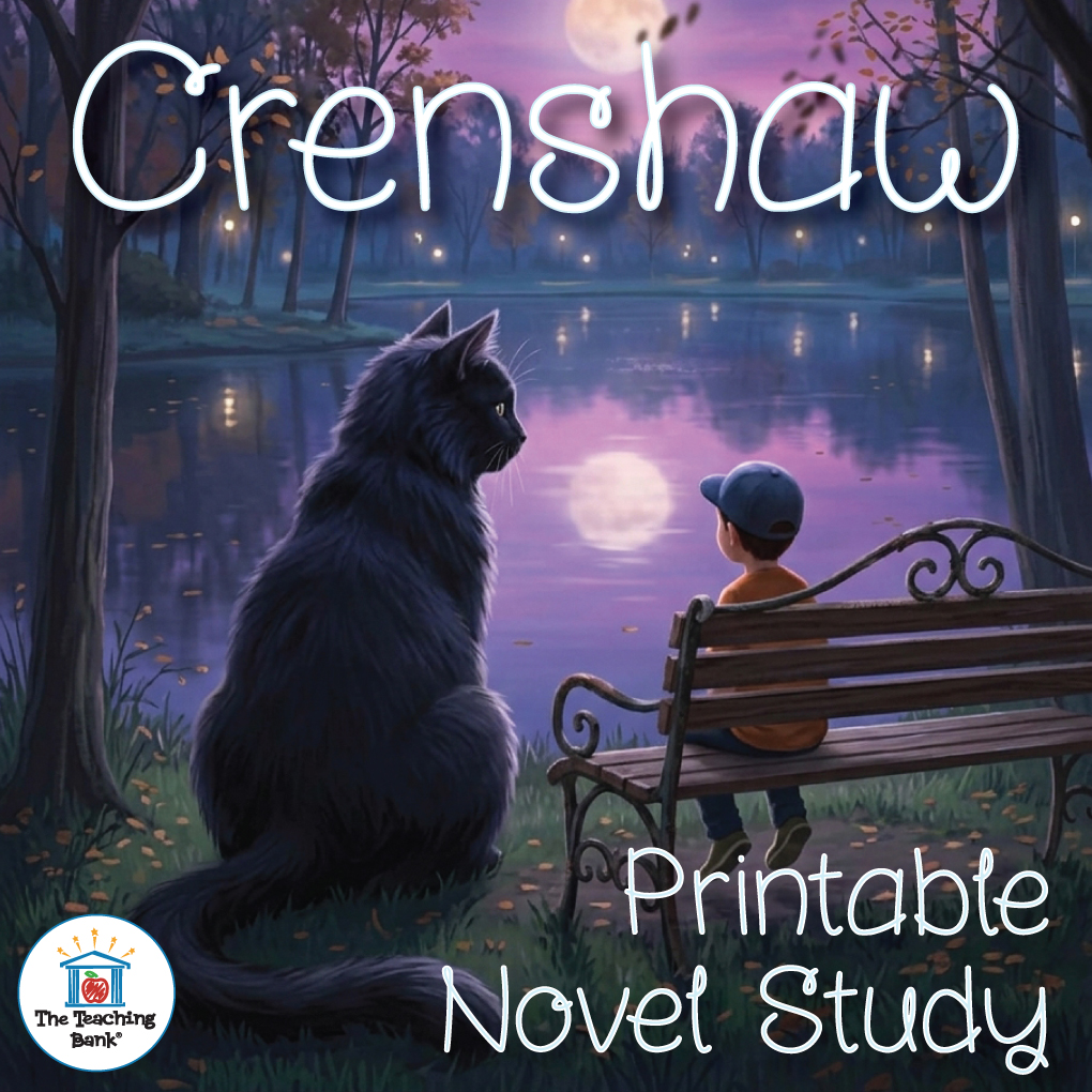Product cover graphic reading Crenshaw Printable Novel Study, featuring a large black cat sitting beside a boy sitting on a wooden bench looking out over a moonlit lake, alongside The Teaching Bank logo.
