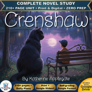 Product cover graphic reading Crenshaw By Katherine Applegate, featuring a large black cat sitting beside a boy sitting on a wooden bench looking out over a moonlit lake, with badges for 210+ page unit, print and digital, zero prep, and Works with Google Drive.