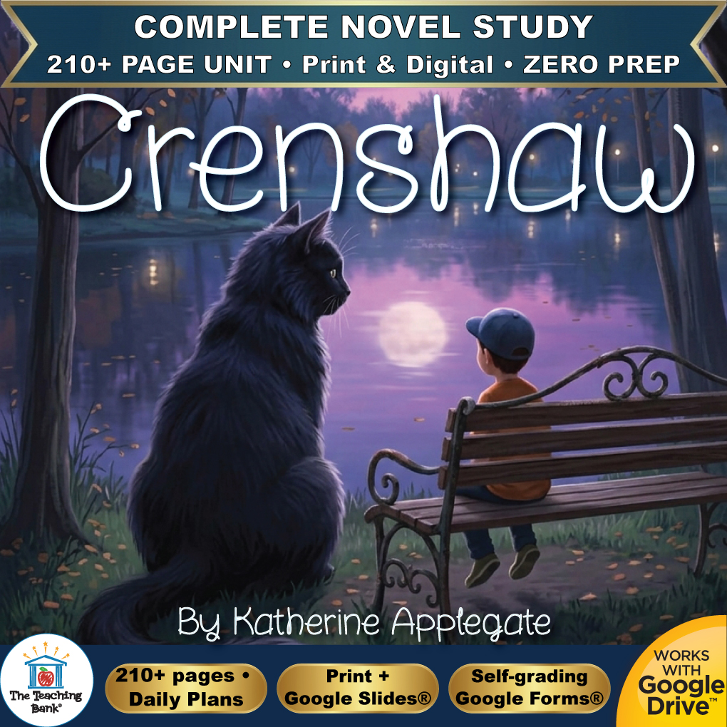 Product cover graphic reading Crenshaw By Katherine Applegate, featuring a large black cat sitting beside a boy sitting on a wooden bench looking out over a moonlit lake, with badges for 210+ page unit, print and digital, zero prep, and Works with Google Drive.