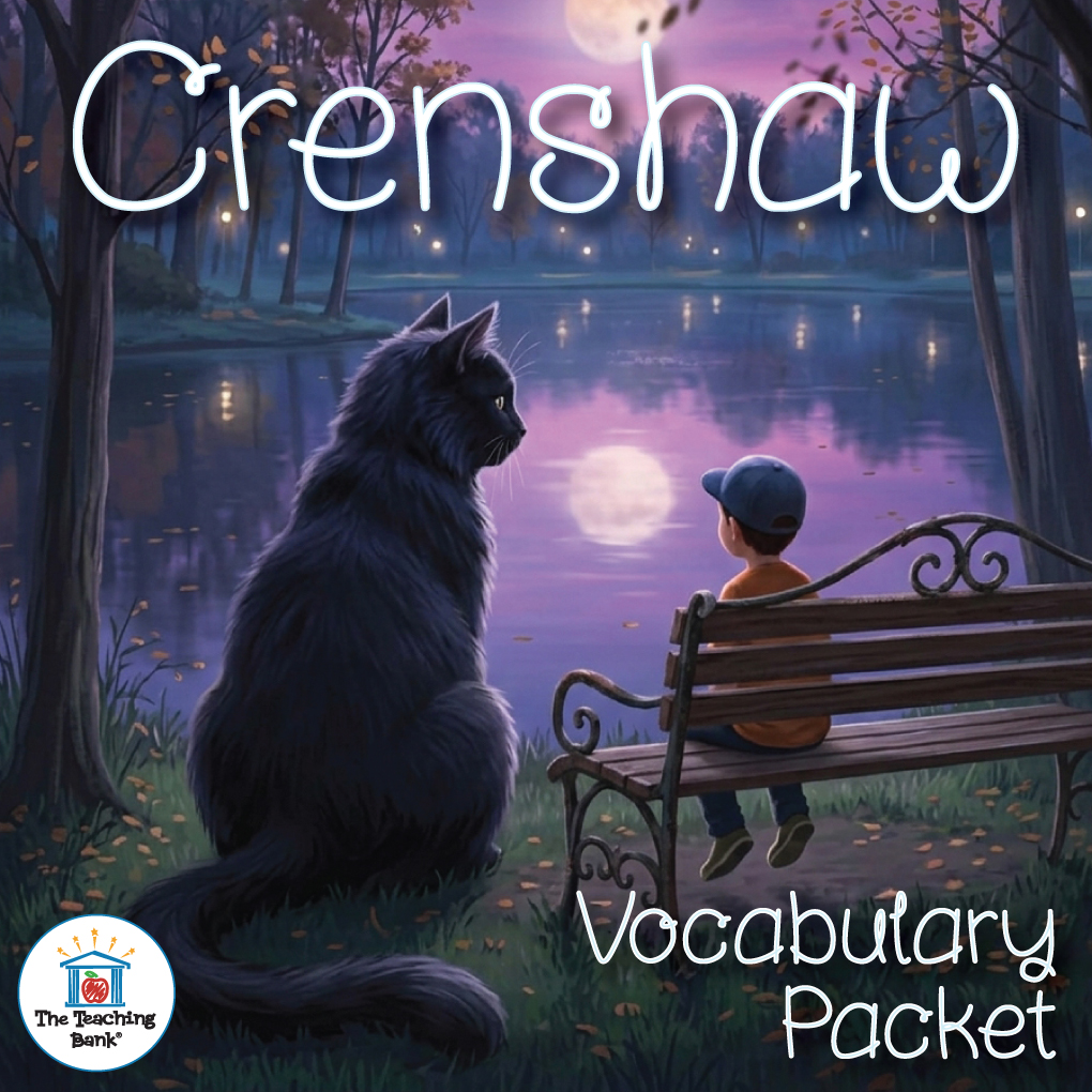 Product cover graphic reading Crenshaw Vocabulary Packet, featuring a large black cat sitting beside a boy sitting on a wooden bench looking out over a moonlit lake, alongside The Teaching Bank logo.