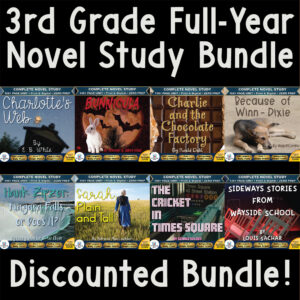 Product cover graphic reading 3rd Grade Full-Year Novel Study Bundle Discounted Bundle!, displaying thumbnails for Charlotte's Web, Bunnicula, Charlie and the Chocolate Factory, Because of Winn-Dixie, Hank Zipzer: Niagara Falls, Or Does It?, Sarah, Plain and Tall, The Cricket in Times Square, and Sideways Stories from Wayside School.