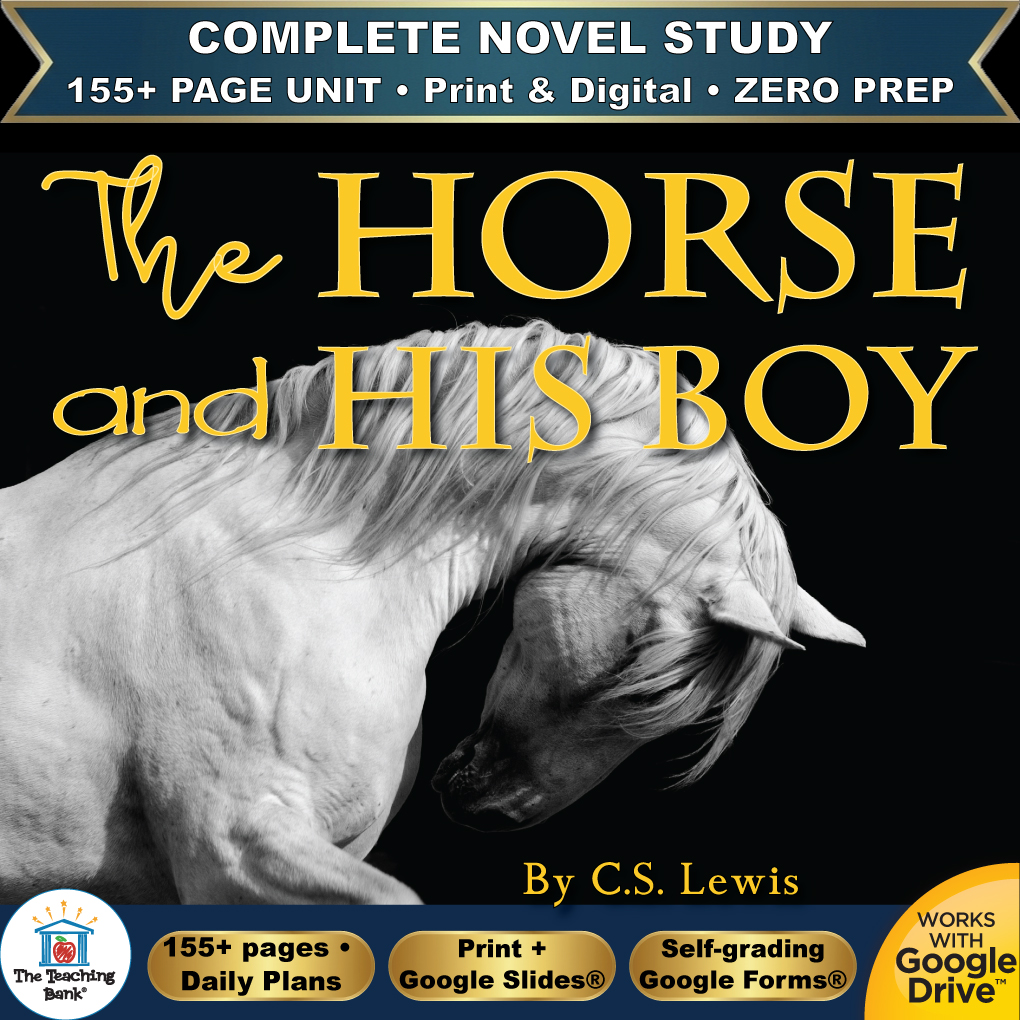 Product cover graphic reading The Horse and His Boy By C.S. Lewis, featuring a black-and-white photograph of a white horse against a black background, with badges for 155+ page unit, print and digital, zero prep, and Works with Google Drive.