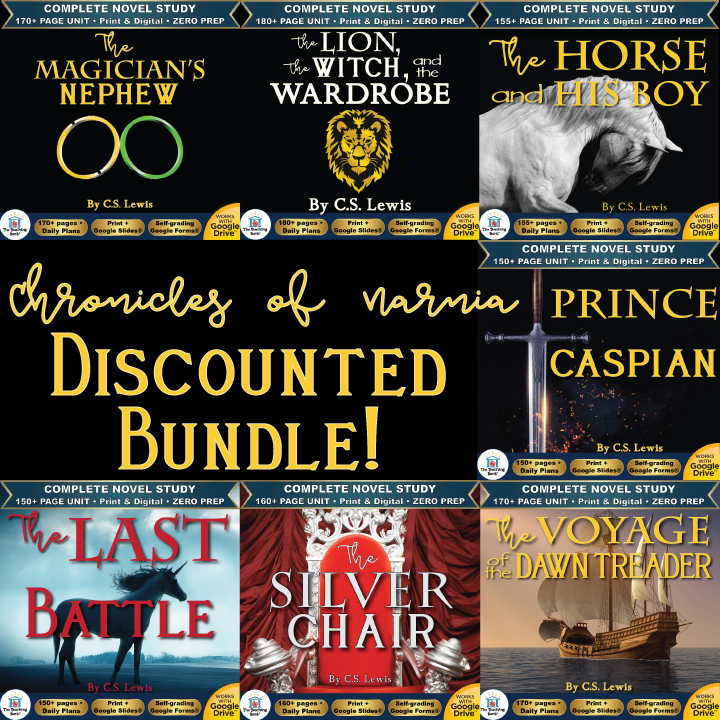 Product cover graphic reading Chronicles of Narnia Discounted Bundle!, displaying thumbnails for The Magician's Nephew, The Lion, the Witch and the Wardrobe, The Horse and His Boy, Prince Caspian, The Last Battle, The Silver Chair, and The Voyage of the Dawn Treader.