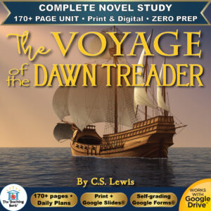Product cover graphic reading The VOYAGE of the DAWN TREADER By C.S. Lewis, featuring a majestic sailing ship at sea, with badges for 170+ page unit, print and digital, zero prep, and Works with Google Drive.
